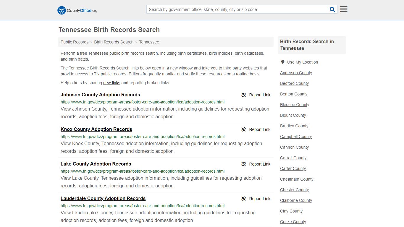 Tennessee Birth Records Search - County Office